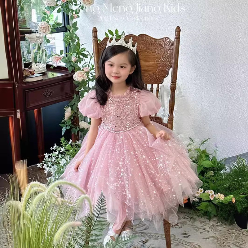 26 Spring/Summer Girls' Sequined Sparkling Pink Starry Cake Puffy Tulle Skirt Velvet Dress Princess Dress Birthday Gift