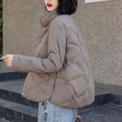 冬の新しいショートの薄いダウンジャケットの女性のゆったりした立襟のファッションの白いアヒルの絨毯の小さい背の爆発の女性のコートはやせています。