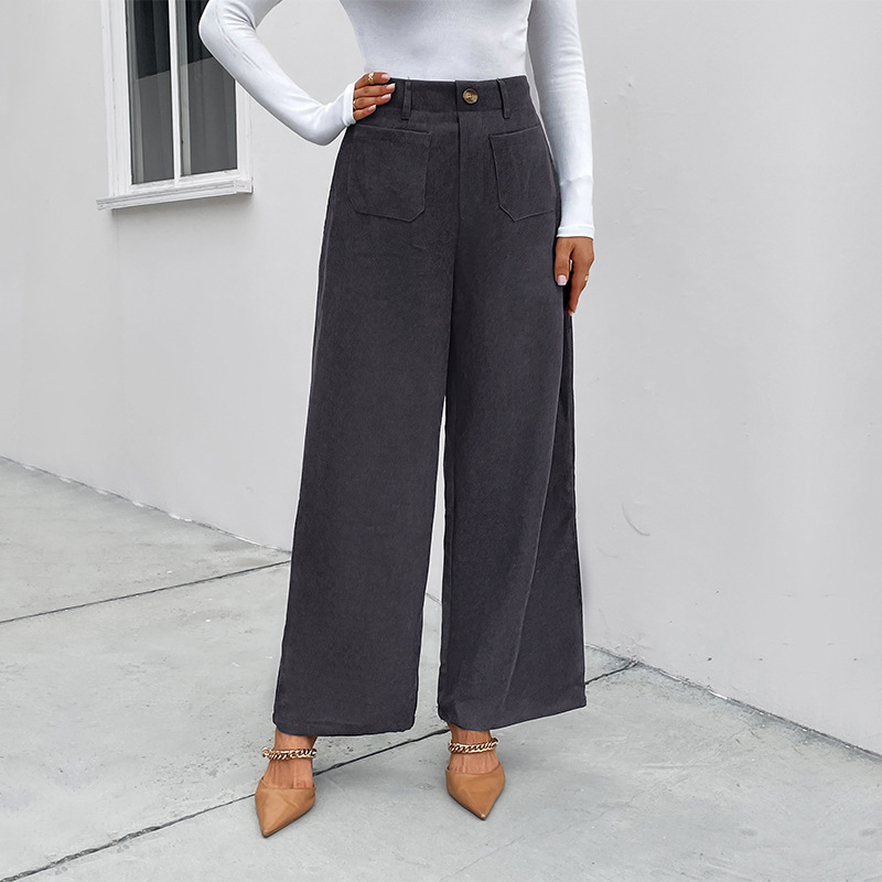 women's autumn and winter loose casual pants commuting high-waisted wide-leg pants corduroy casual button trousers_voghion.com