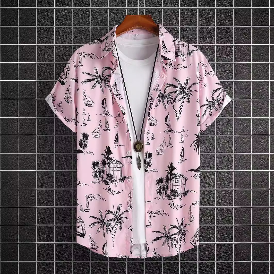 Amazon Foreign Trade Cross-border Shirt Casual Lapel Printed Thin Hawaiian Shirt Men's Shirt