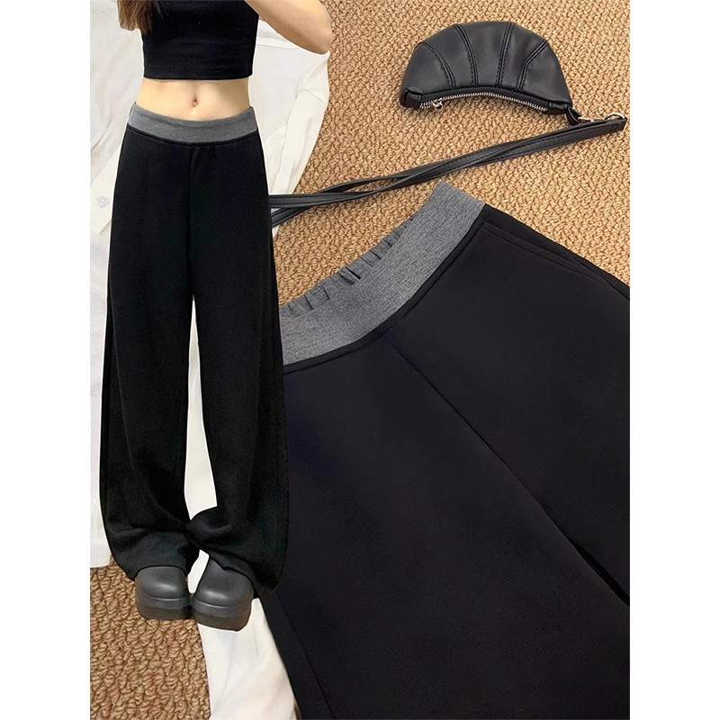 Black Stitching Straight Casual Pants Women's Niche Trendy Spring and Autumn New High Waist Slimming Narrow Wide Leg Sports Pants