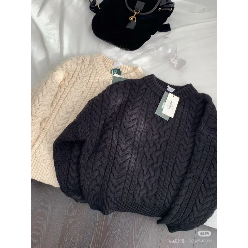 韩系复古黑色麻花毛衣女秋冬加厚宽松慵懒外穿显瘦纯色毛针织上衣|undefined