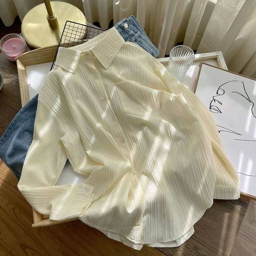 韩系设计纹理感净版长袖衬衫女春秋新款清新宽松防晒衣百搭上衣