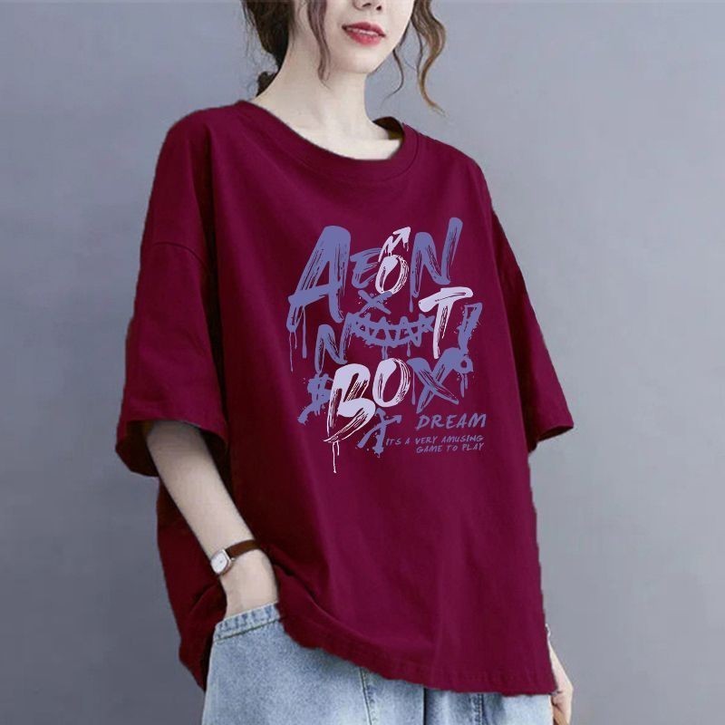100kg 夏大きいサイズの純綿 Tシャツ半袖ルーズお腹カバーシャツアウターウェア痩身カバーフlesh ラウンドネックトップ女性用|undefined