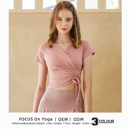 Summer  Fashion New Short Sleeve Yoga Clothes V-Neck Cross-Tie Waist Slimming Exercise Pilates Ballet Style Top
