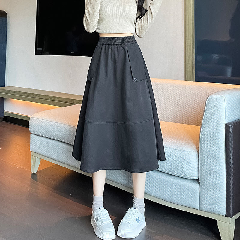 安可拉红工装半身裙女秋季新款高腰松紧腰显瘦休闲大摆字伞裙潮|undefined