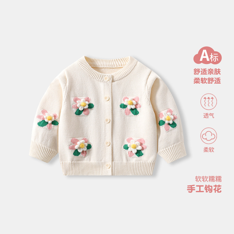 2026 Autumn/Winter New Style Girls' Knitted Cardigan Jacket, Children's Class A Floral Top, Pure Cotton Baby Sweater