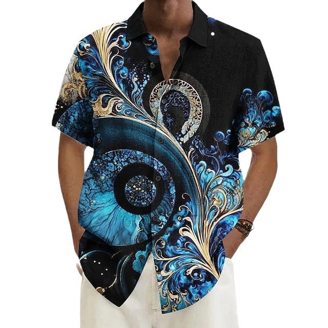 Camisa de manga corta con botones de manga corta de hombro suelto ancho de verano para hombre con estampado 3D tallado en metal floral colorido