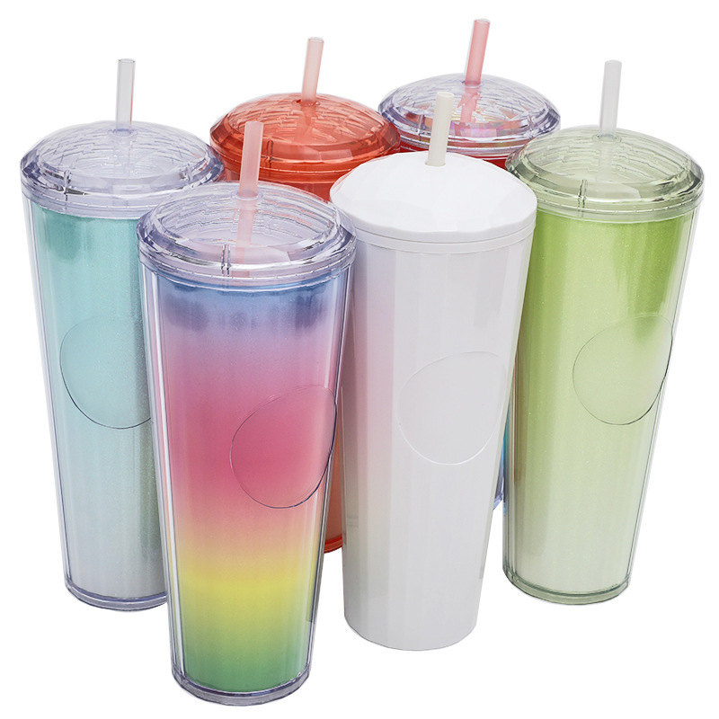 夏用女性向け二重構造シンプルプラスチックカップ 大人向けクリエイティブで持ち運びやすいおしゃれな冷水用ストロー付き携帯カップ|undefined