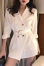 新款春装绑带收腰西装外套西服款中长双排扣翻领宽松上衣女装