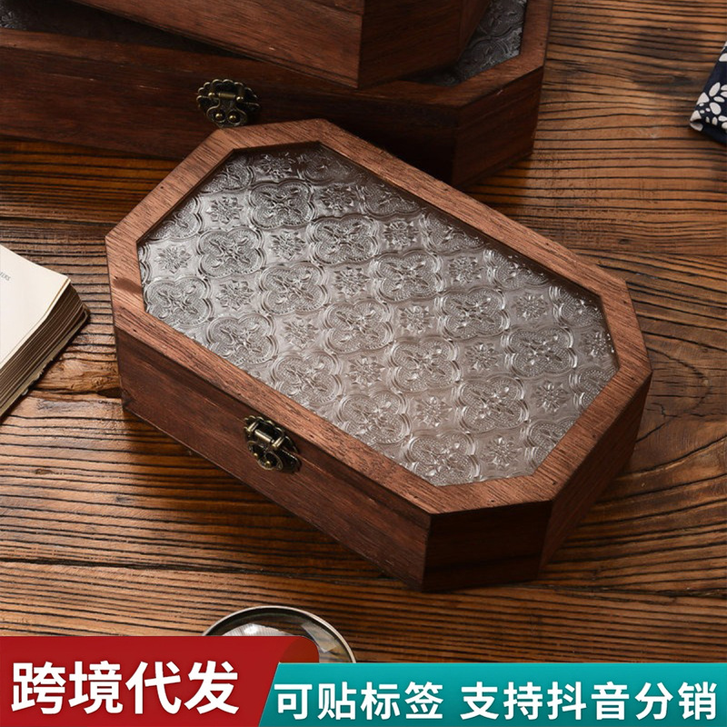 Wooden Begonia Flower Glass Cosmetic Storage Box Desktop Decoration Retro Style Eight-sided Flip Cover Dustproof Wooden Box