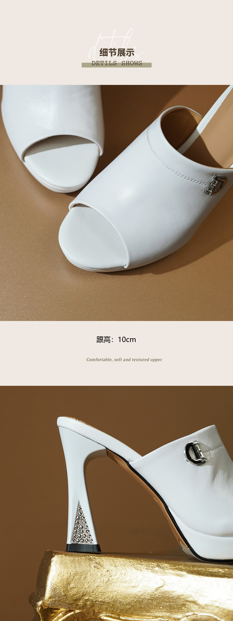 Sandal cao gót nữ quai ngang hở mũi gót 10 cm — đen chi tiết 7