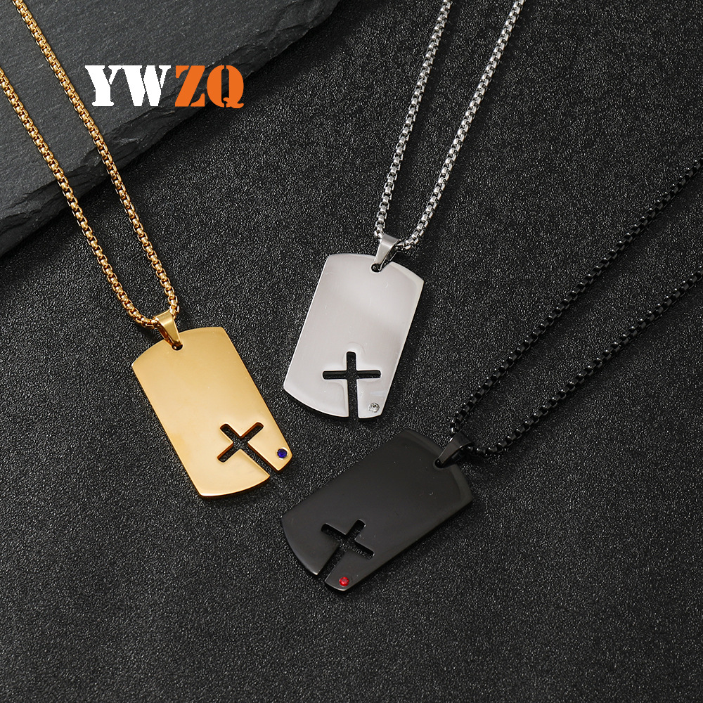 Cross-border punk style laser cutting Hollow Cross Diamond military brand necklace stainless steel men's titanium steel pendant