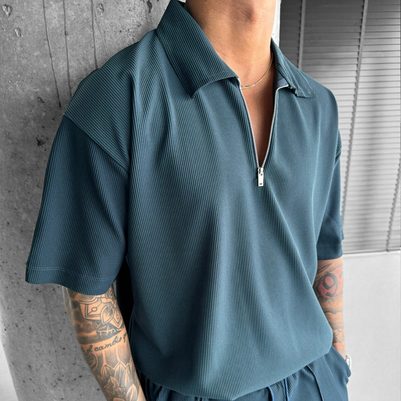 Cotton Blend Fabric Type Men's Solid Color Casual Turndown Short Sleeve Loose Men's Sets