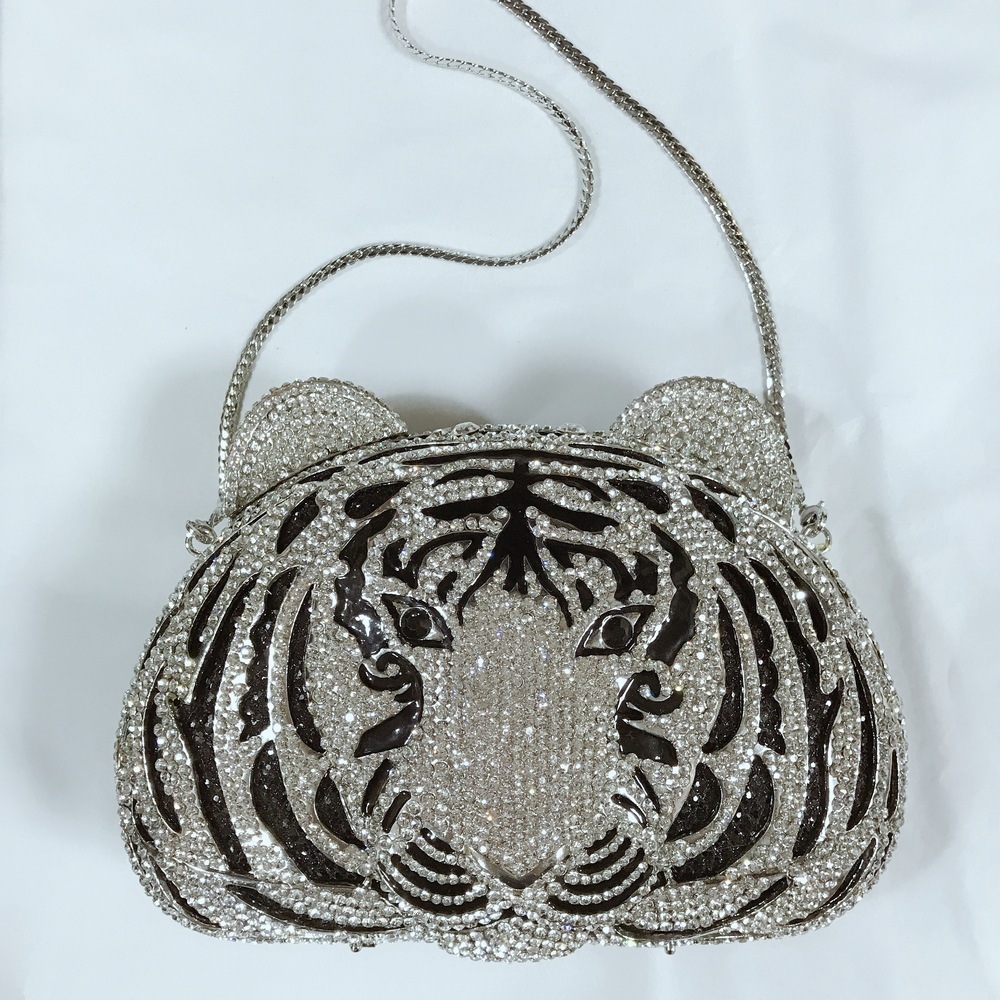 Bolsas de diamante de tigre, bolsas de cena de cristal metálicas, bolsas de diamantes hechas a mano, bolsas de mano de mujeres.
