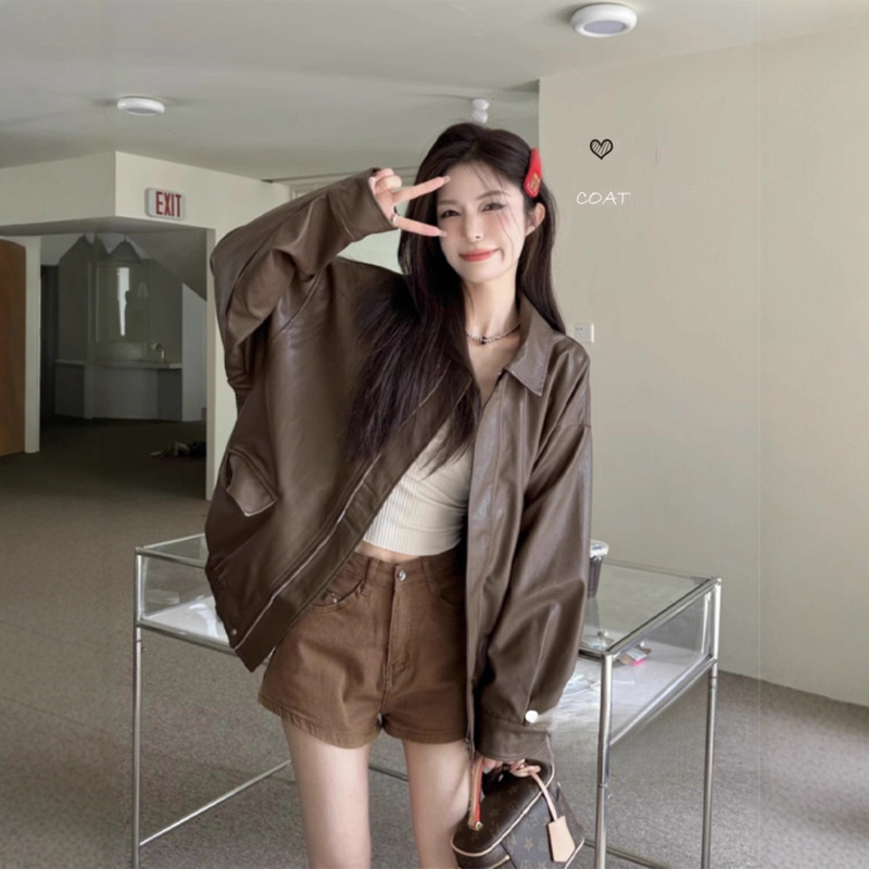 复古美式咖色皮衣夹克外套女早秋黑色甜酷风机车PU皮宽松长袖上衣|undefined