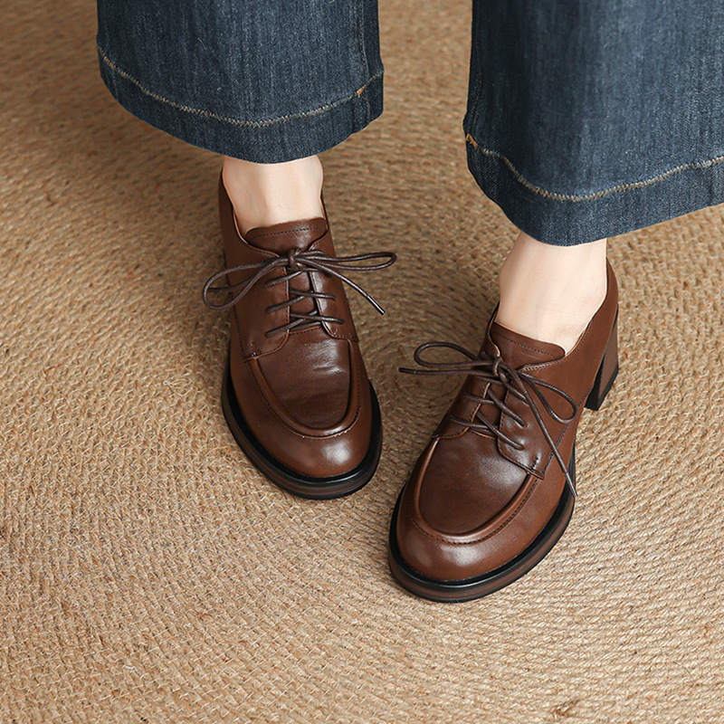 7.6cm Thick Heel Lace-Up High Heels Autumn and Winter New Deep Mouth Cowhide Flats Women's Retro Small Leather Shoes Cross-Border Women's Shoes