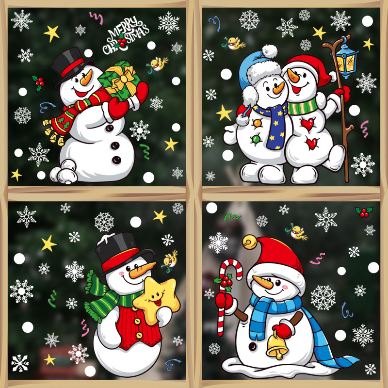 クリスマス装飾雪だるま雪花静電気貼りクリスマスパーティー装飾品キャンディー棒鈴ガラス貼り卸売り|undefined