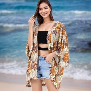 Geometric Printed Short Rayon Wrinkled Beach Cover-Up Short Beach Shawl European and American Foreign Trade Tops Cross-Border Amazon