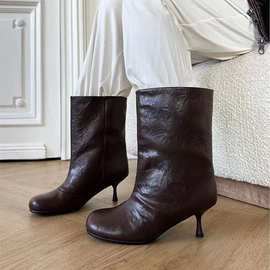 外贸定制2025年秋季新款女鞋圆头细跟矮跟一脚蹬欧美风