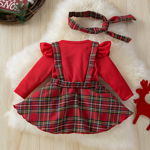 Newborn Baby Christmas Clothes, Infant Bodysuit with Padded Bottom, Long Sleeve Two-Piece with Bowknot, Plaid Dress