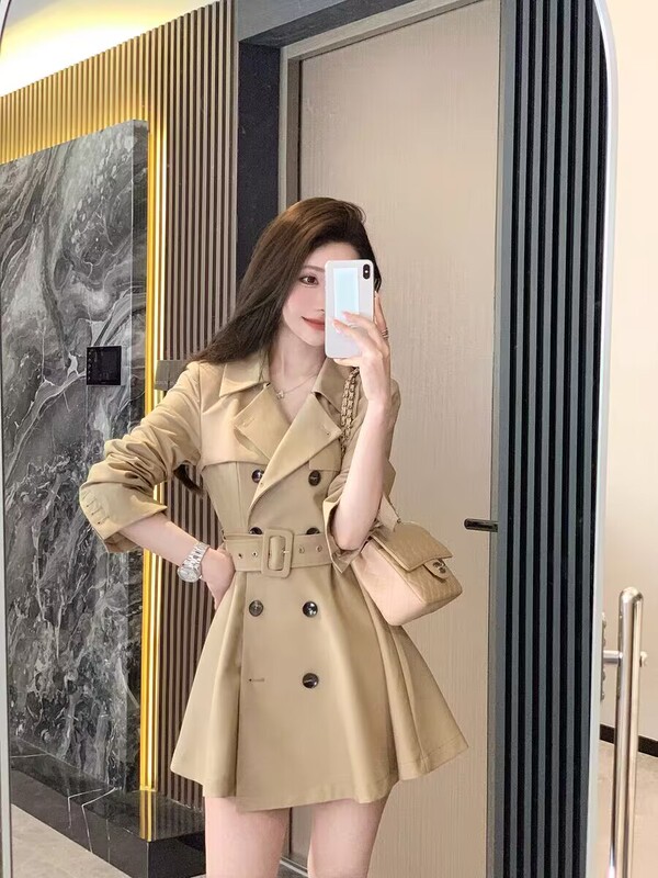 裏地付き、アーバンラインレトロカーキスーツカラートレンチコートジャケットミディアム丈トレンチコートスカート女性|undefined