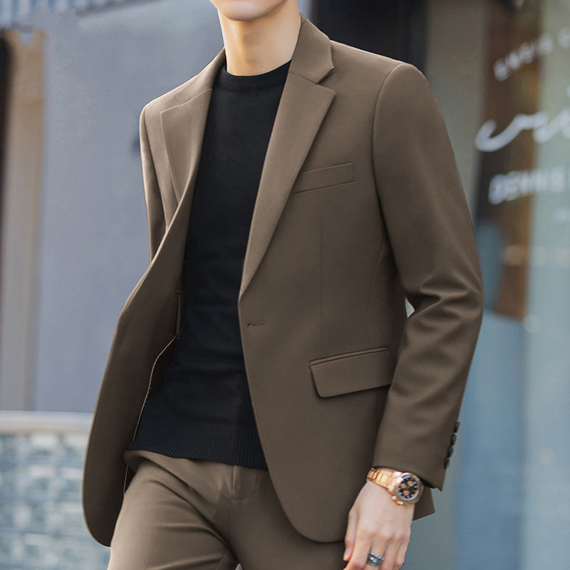 Business Non-Iron Small Suit for Men, Autumn Solid Color Korean Style Trendy Stylish Casual Slim-Fit Black Blazer for Men
