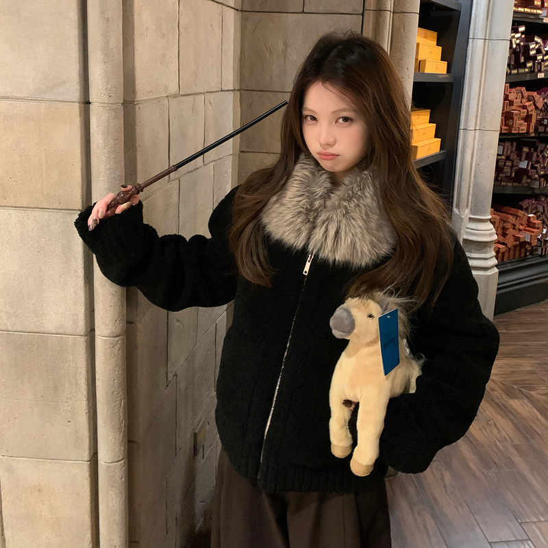Cookiedaily London Winter Night Color-Blocked Large Fur Collar Soft Eco-Friendly Lamb Wool Fleece Coat