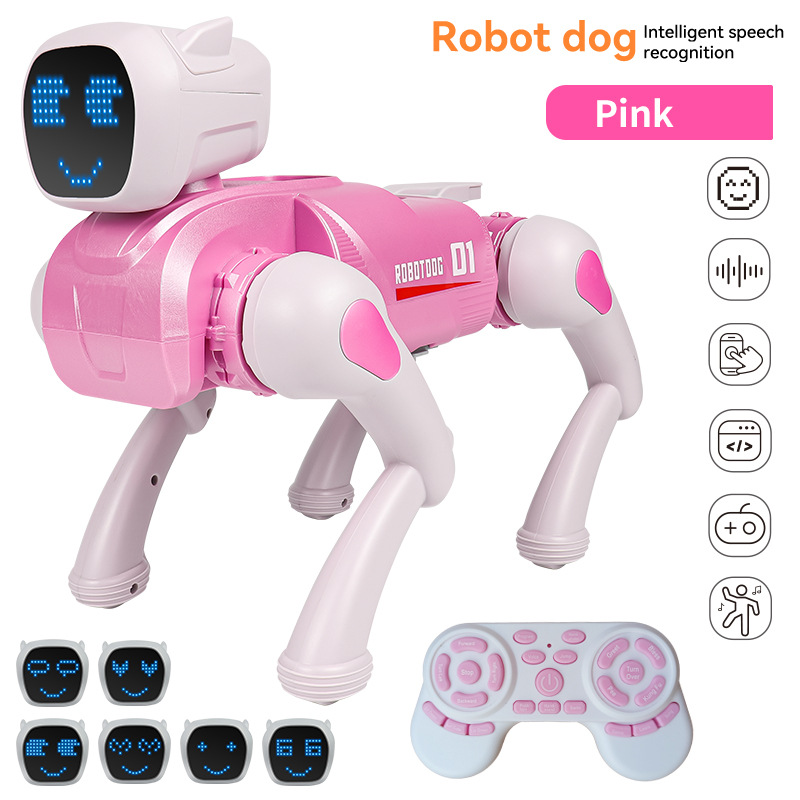 Fuchsia robot dog, English