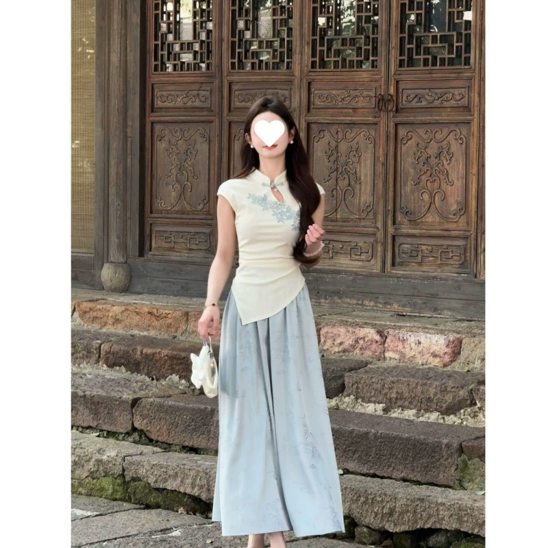 [Однажды] Новый шинуазри 2025, летняя новая высококачественная рубашка с короткими рукавами + юбка, холодный комплект из двух предметов