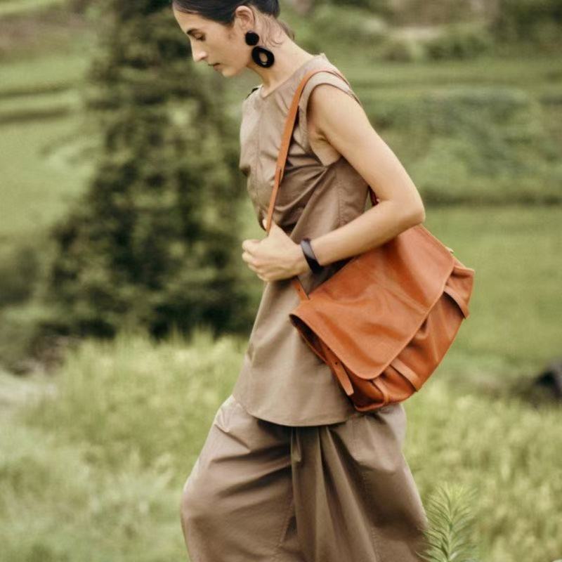 Qiu Zhen Messenger Travel Crossbody Bag Laptop Bag Top Layer Vegetable-Tanned Sheepskin Genuine Leather Women's Shoulder Bag