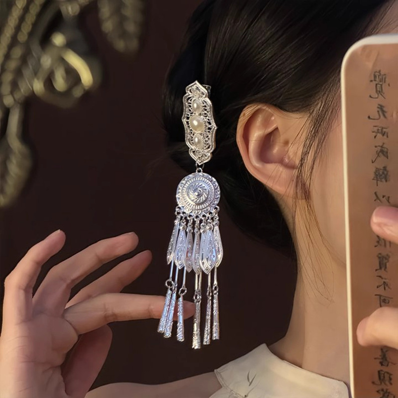 【苗韵银铃】新中式发夹女流苏步摇边夹发卡古风汉服头饰民族发饰|undefined