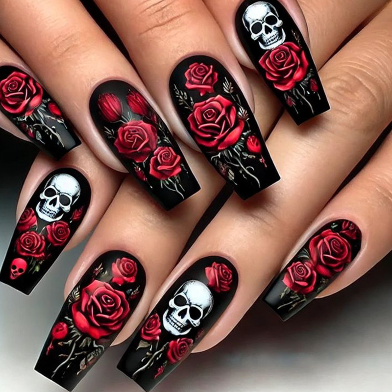 Halloween Wearable Nails Medium Rectangular Dark Matte Red Rose Skull Removable Fake Nail Patch