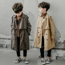 男童洋气中长款风衣韩版中大童纯色外套双排扣风衣宽松童装外贸潮