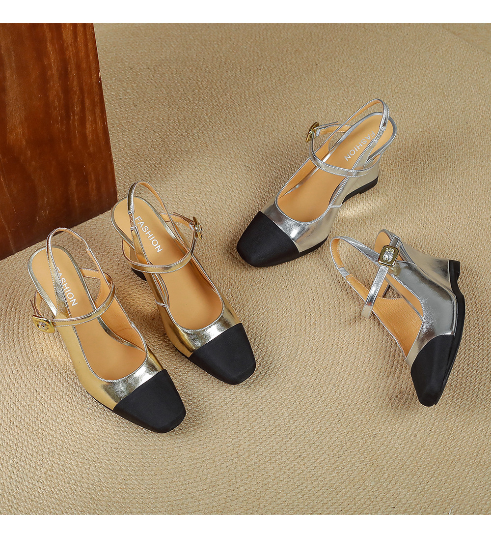 Sandal cao gót nữ mũi vuông quai ngang phong cách Chanel, gót xuồng 2026 — màu vàng, bạc chi tiết 17