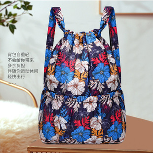 Cross-border Floral Cloth Bucket Pocket Drawstring Large Capacity Backpack Women's Folding Portable Shopping Bag Outdoor Travel Backpack