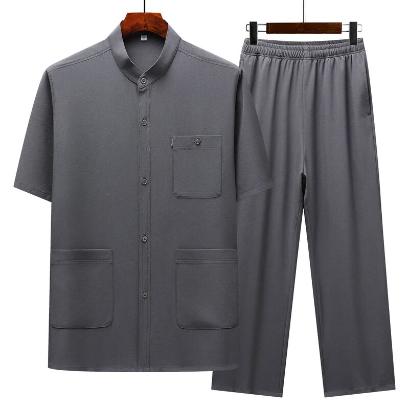 Chinese-Style Stand-Collar Short-Sleeved Suit for Middle-Aged and Elderly Men, Summer Loose and Breathable Outfit for Dad and Grandpa Chinese-Style Stand-Collar Short-Sleeved Suit for Middle-Aged and Elderly Men, Summer Loose and Breathable Outfit for Dad and Grandpa