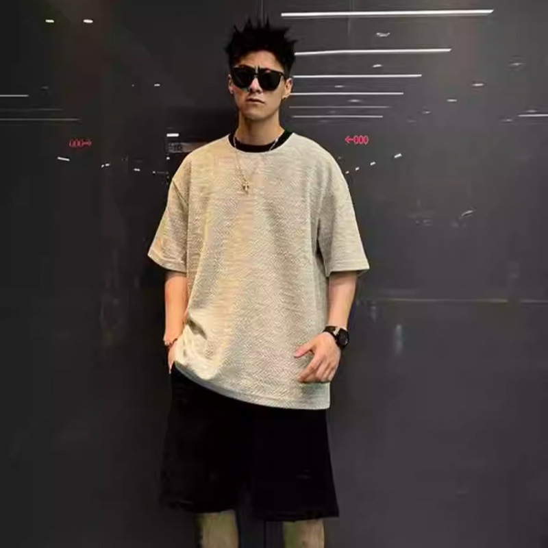 Summer New Designer Trendy Brand Color-Blocking Wide-Fit Crew Neck Short-Sleeve Men's Light Luxury Yarn-Dyed Textured American-Style Loose T-Shirt