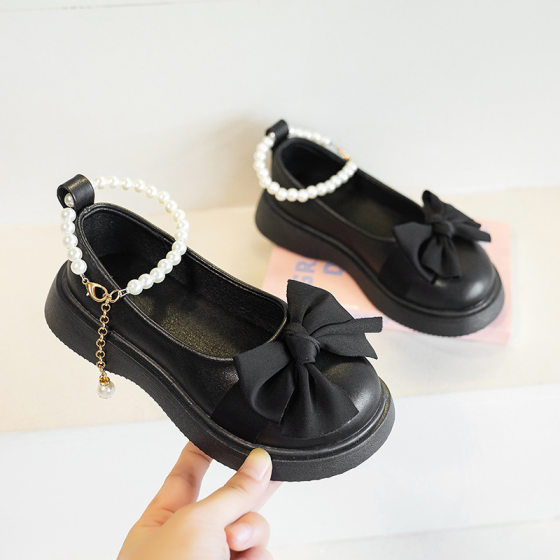 Girls' Leather Shoes 2024 Spring New Single-layer Shoes Big Children's Bow Pearl Princess Shoes Non-slip Performance Shoes for Children