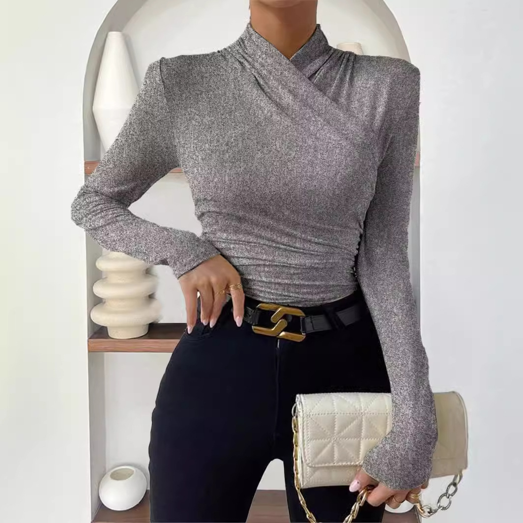 Elegant Women's Cross-Neck Slim-Fit T-Shirt Tuck Detail Versatile Autumn Winter Wardrobe Staple Fashion Top for Ladies_ecoleips.com