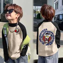 男童德绒长袖拼色t恤秋冬打底衫新款男孩中大童洋气插肩百搭上衣