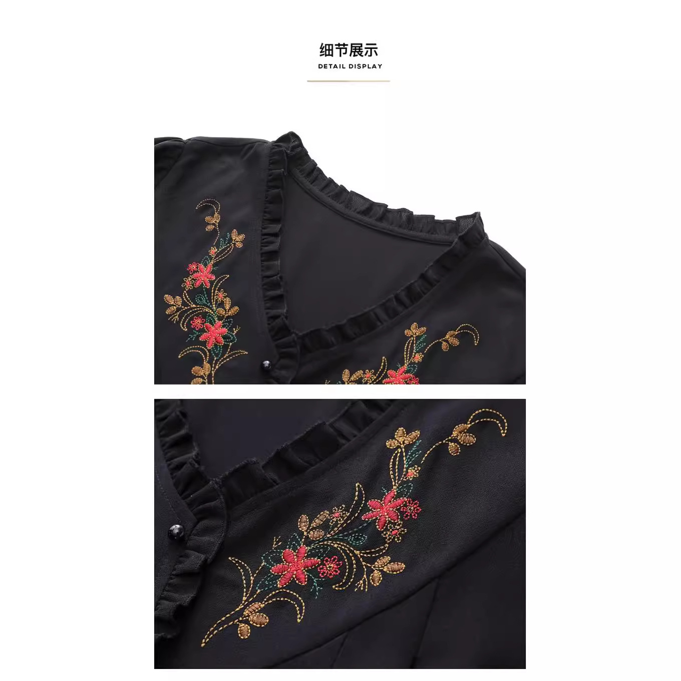 2024 Spring Live New Retro Embroidery Fashion Chiffon Long sleeved Shirt Top Loose Large Size Mom Women's Wear