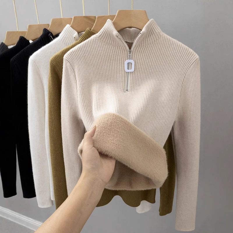 Half-Zip Thickeneded Knitwear for Women in Autumn and Winter New All-In-One Velvet Slim-Fitting Bottoming Shirt Top for Women Half Turtleneck Knitwear