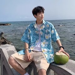 夏季新款时尚港风夏威夷碎花衬衫短袖男夏季海边度假