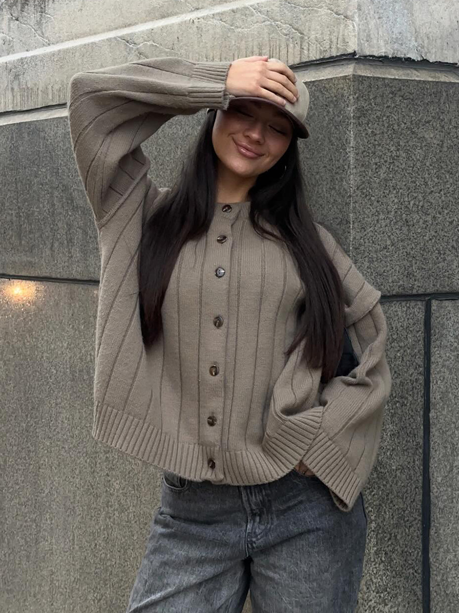 Cardigan suelto transfronterizo otoño-invierno 2025, cardigan de cuello redondo, cardigan de punto de estilo europeo y americano para mujeres