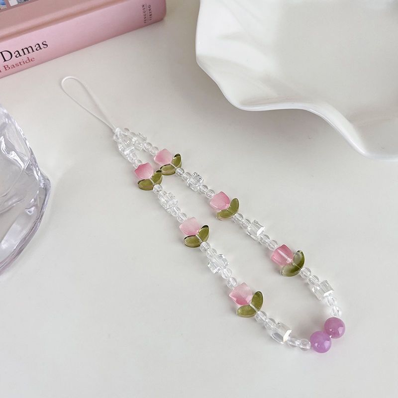 Ins primavera temprana flor de tulipán rosa cuentas de cadena de cuentas de cadena de cuentas de cadena de cuentas de cadena de cuentas de caso de teléfono móvil colgante de mujer ins cadena de viento