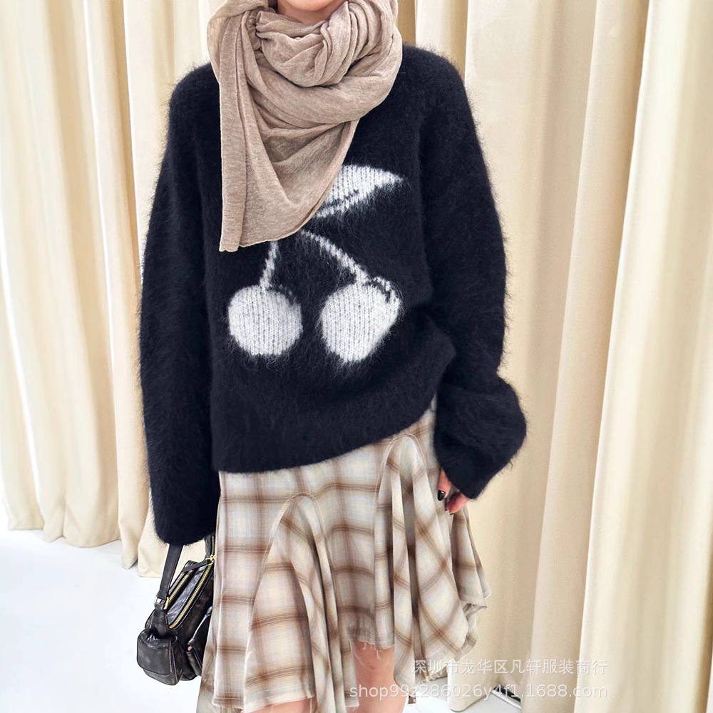 NANYOU 품질 따뜻한 마발 자카드 느슨한 둥근 목 게으른 스타일 체리 스웨터 새로운 24 가을 겨울 스웨터