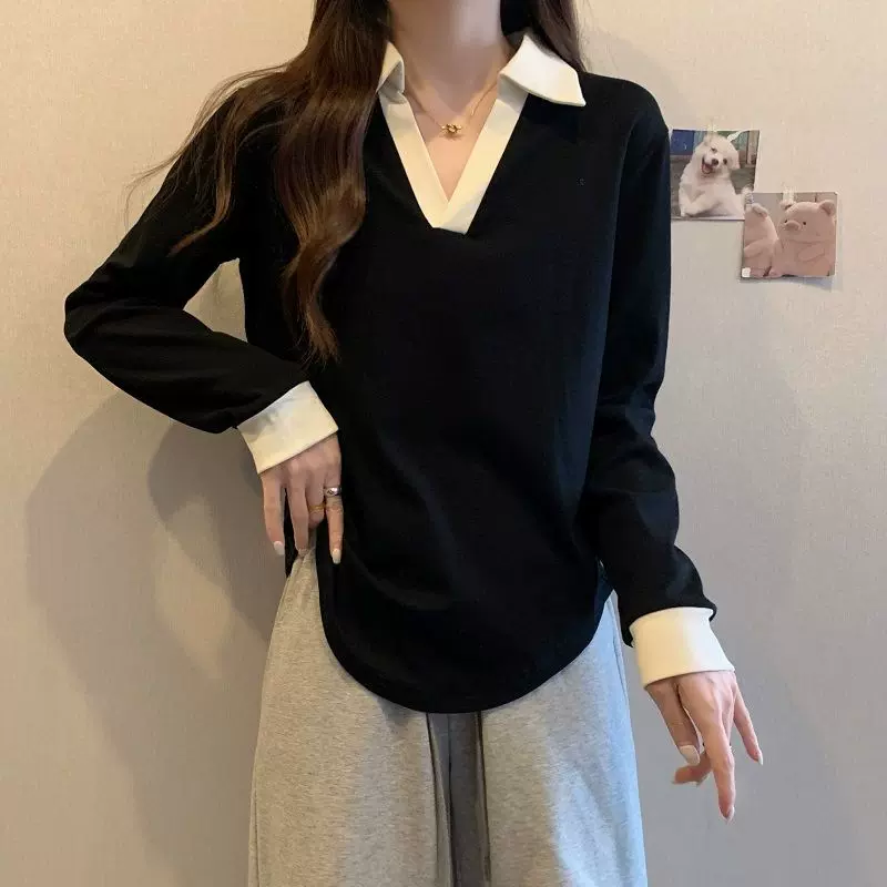 大码女装2025春秋冬新款洋气减龄长袖卫衣胖mm显瘦翻领正肩打底衫