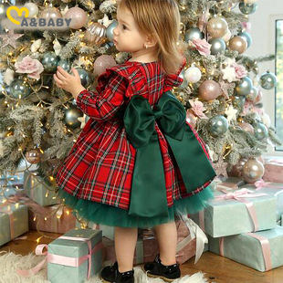 Foreign Trade Holiday New Children's Wear Girls Plaid Long Sleeve Dress Christmas Big Bow Mesh Princess Dress
