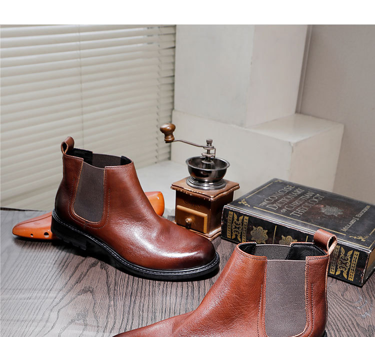 Men's thick soled cowhide leather shoes high-top slip-on ankle boots round head leather breathable_voghion.com